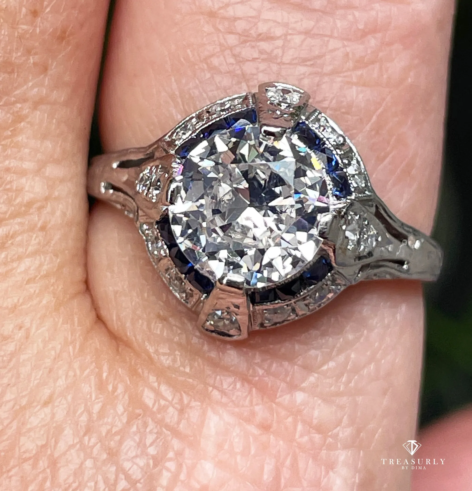 Art Deco GIA Vintage Antique 3.0ct Old EUROPEAN Diamond Sapphire Platinum Engagement Ring