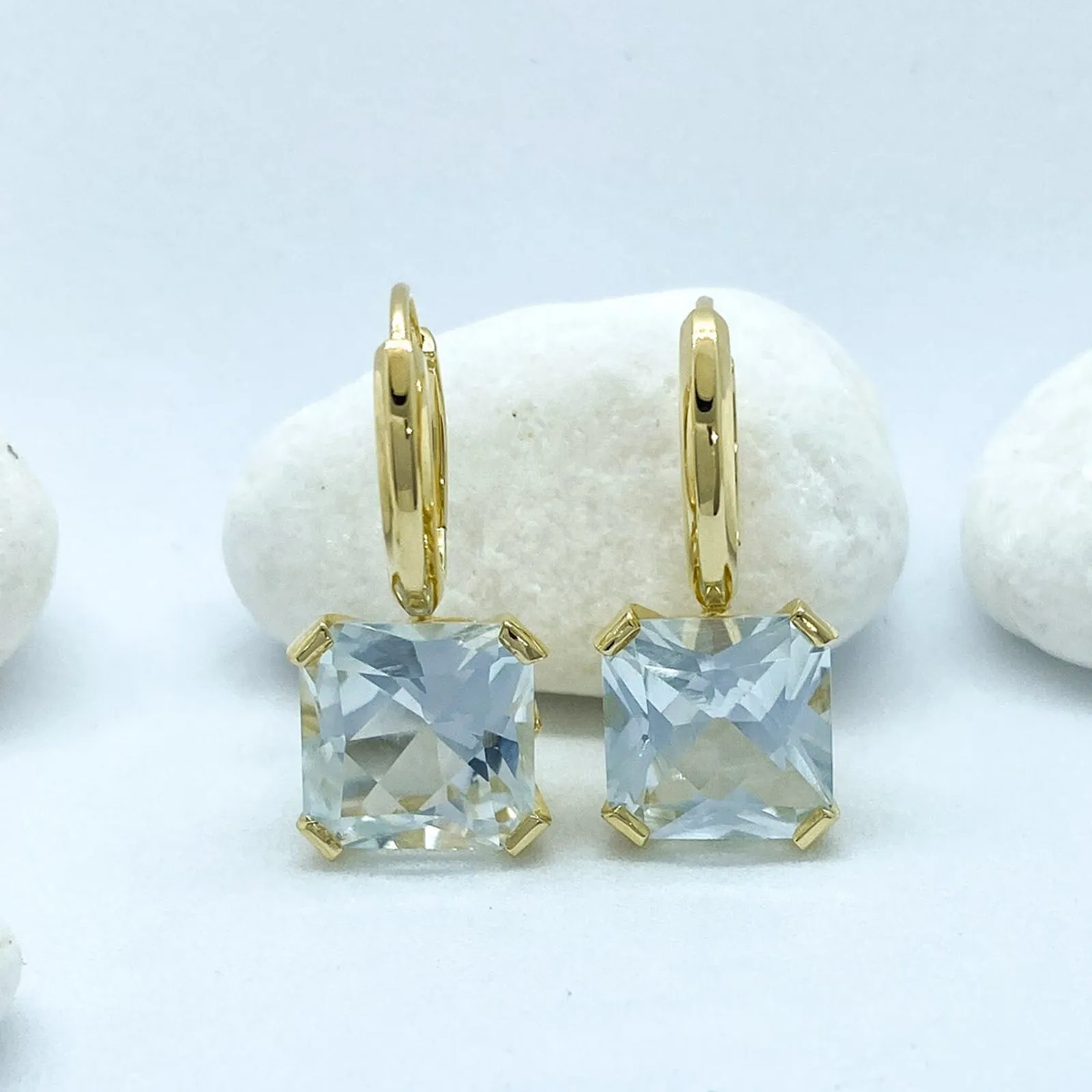 Asscher Cut Blue Topaz Plated Yellow Gold in Silver Earrings | Stargaze Collection