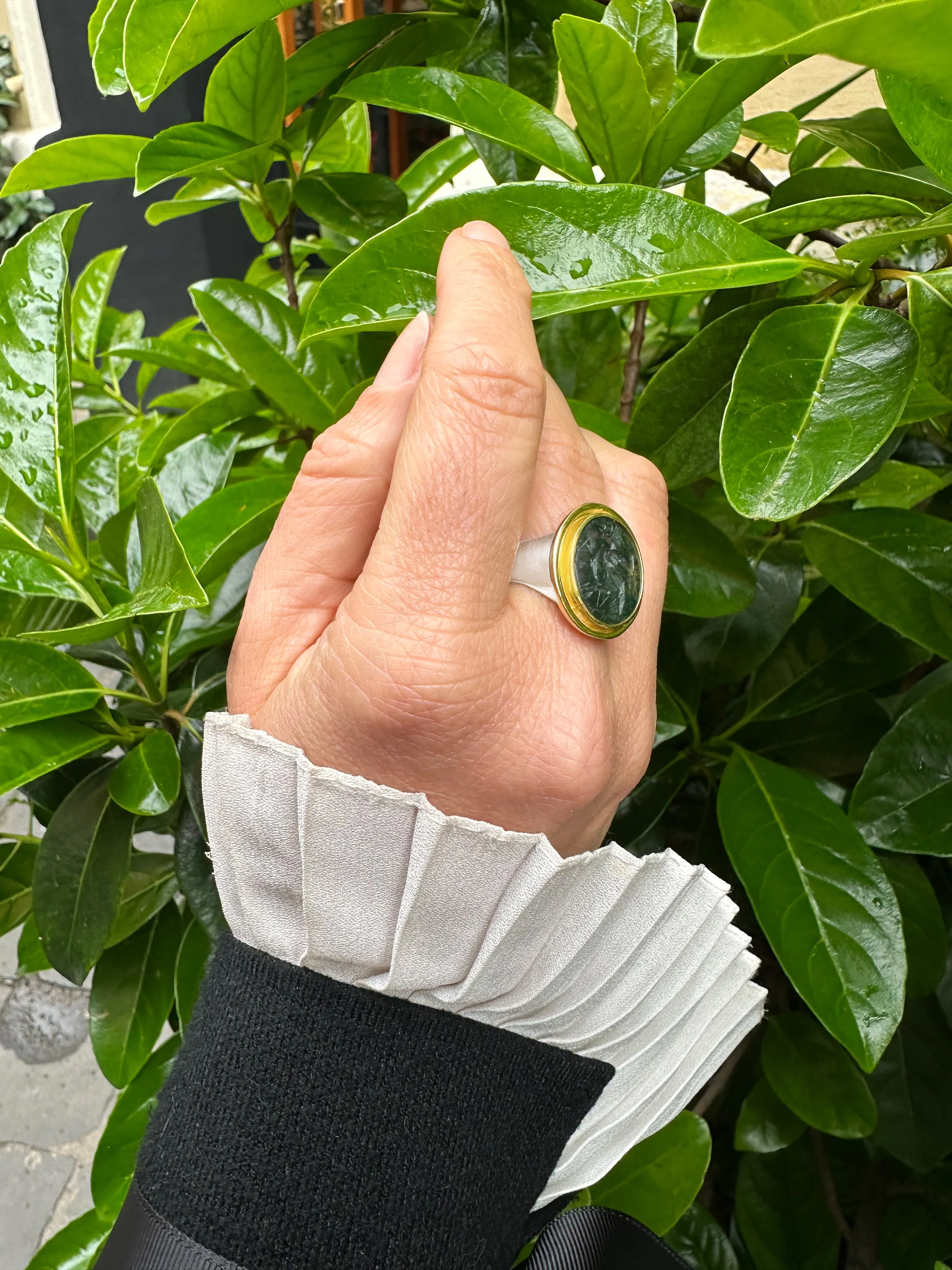 Authentic Ancient Roman intaglio on Prasio depicting Fortune with a phallus 18 kt gold and sterling silver ring