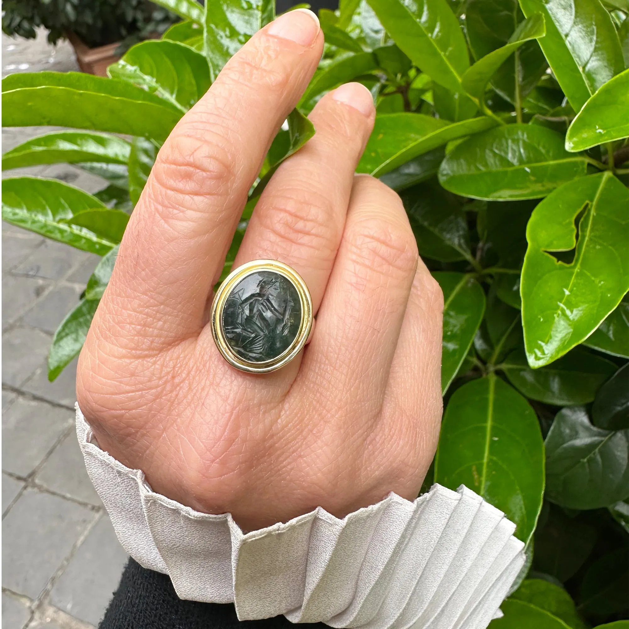 Authentic Ancient Roman intaglio on Prasio depicting Fortune with a phallus 18 kt gold and sterling silver ring