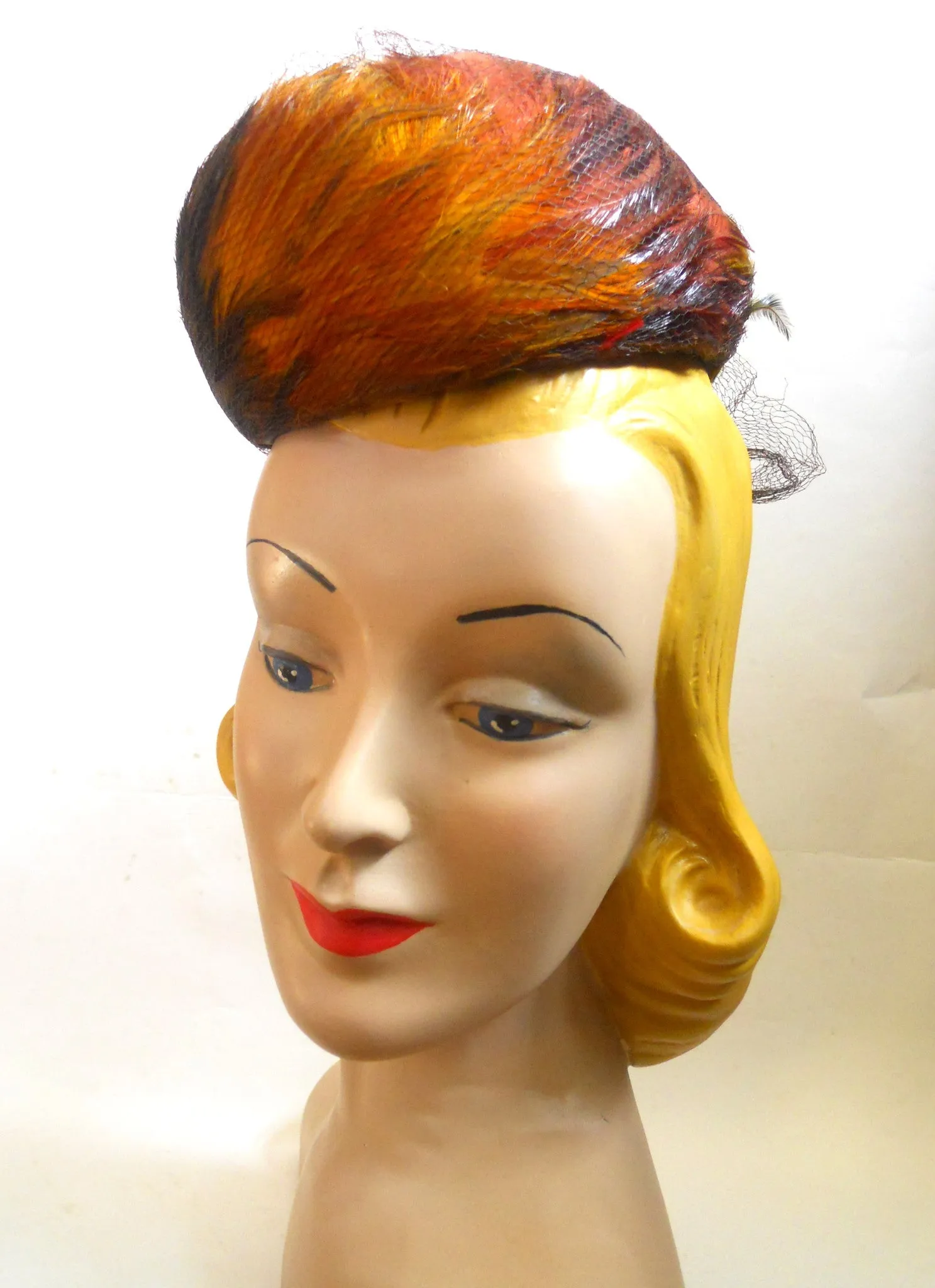 Autum Hues Feather High Crown Tilt Hat circa 1940s