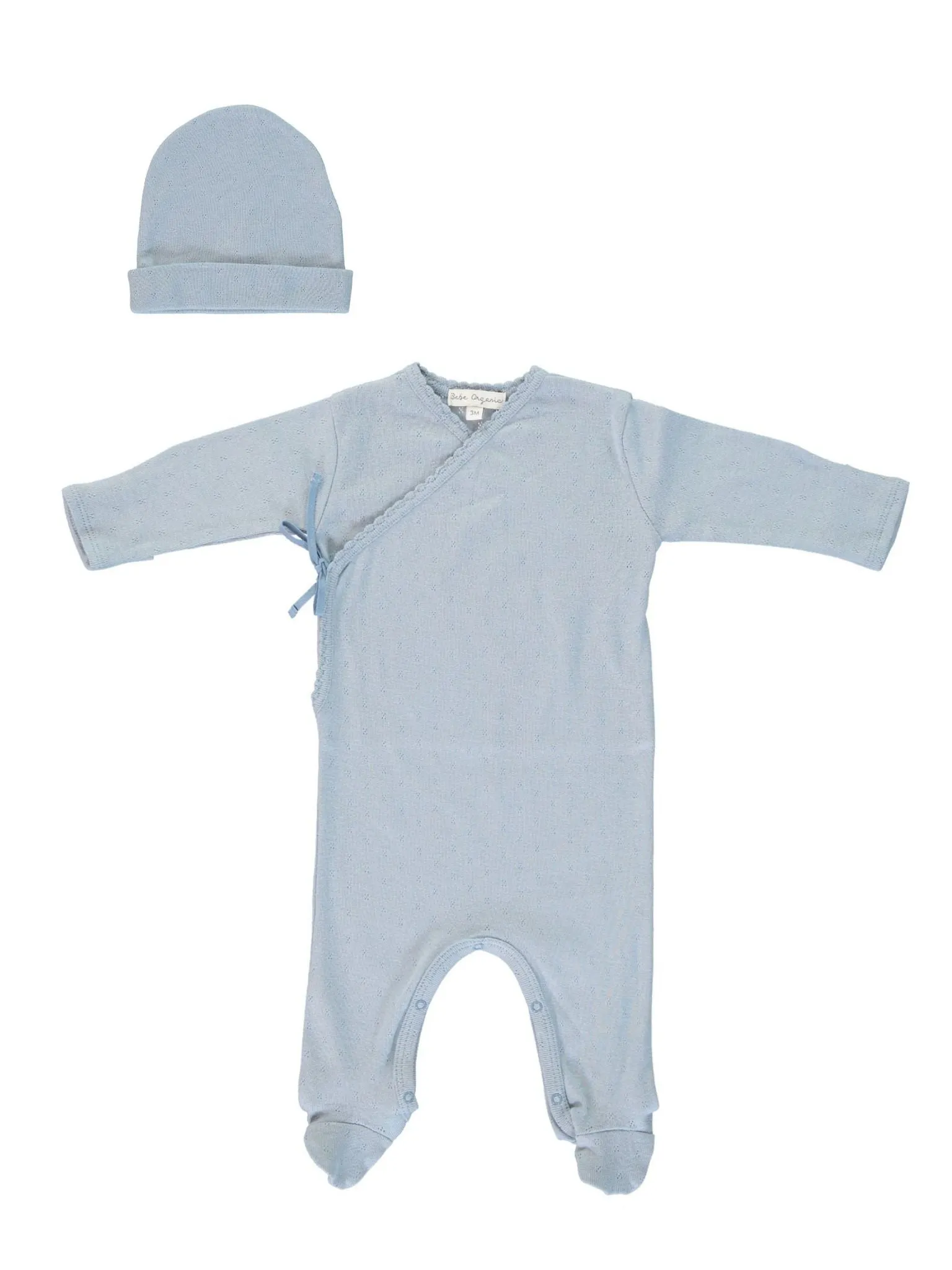 BEBE ORGANIC STEEL BLUE WRAP FOOTIE & HAT SET