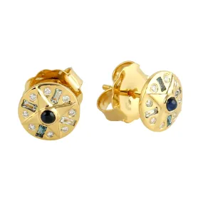 Bezel Set Baguette Topaz Blue Sapphire Diamond Stud Earrings in 18k Yellow Gold For Her