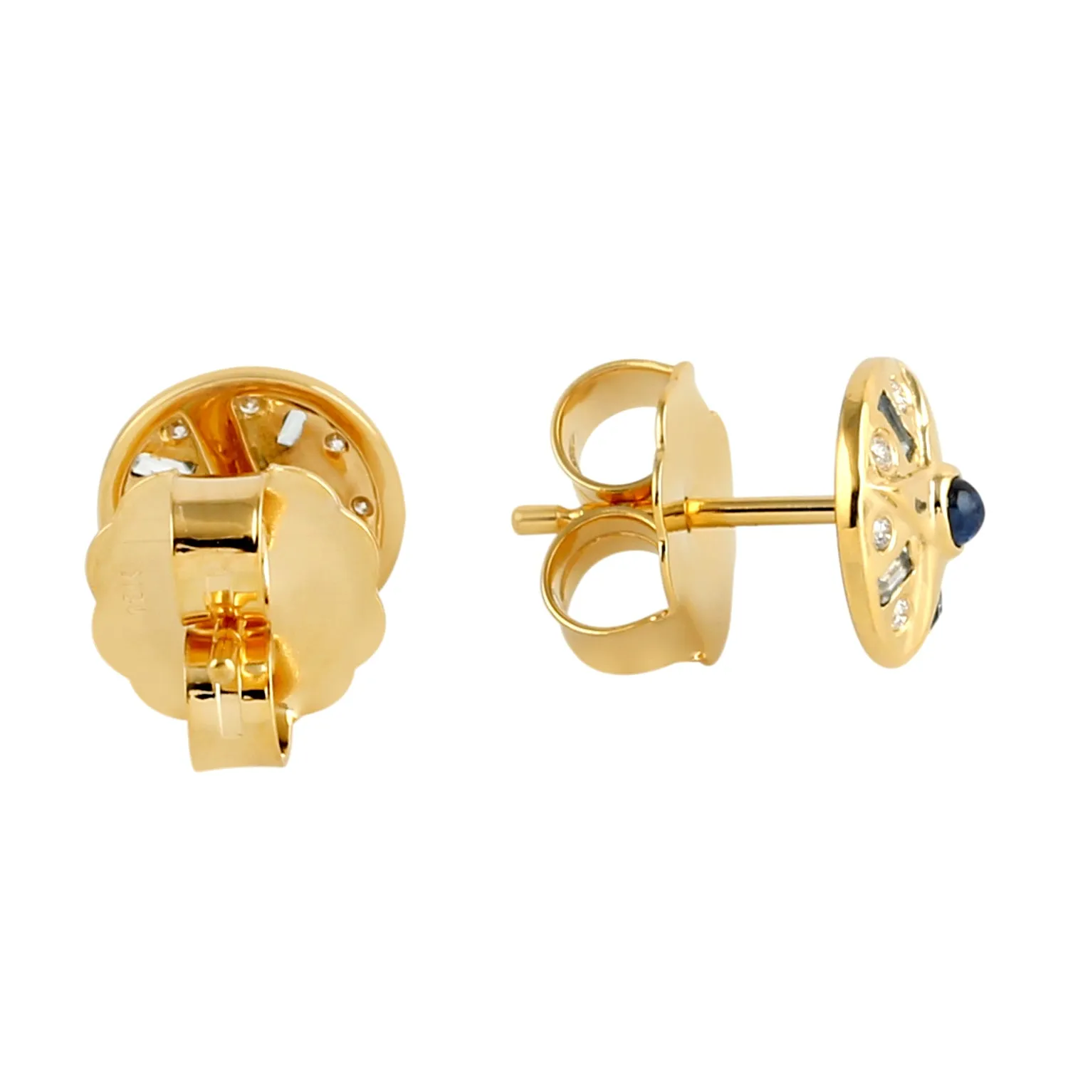 Bezel Set Baguette Topaz Blue Sapphire Diamond Stud Earrings in 18k Yellow Gold For Her