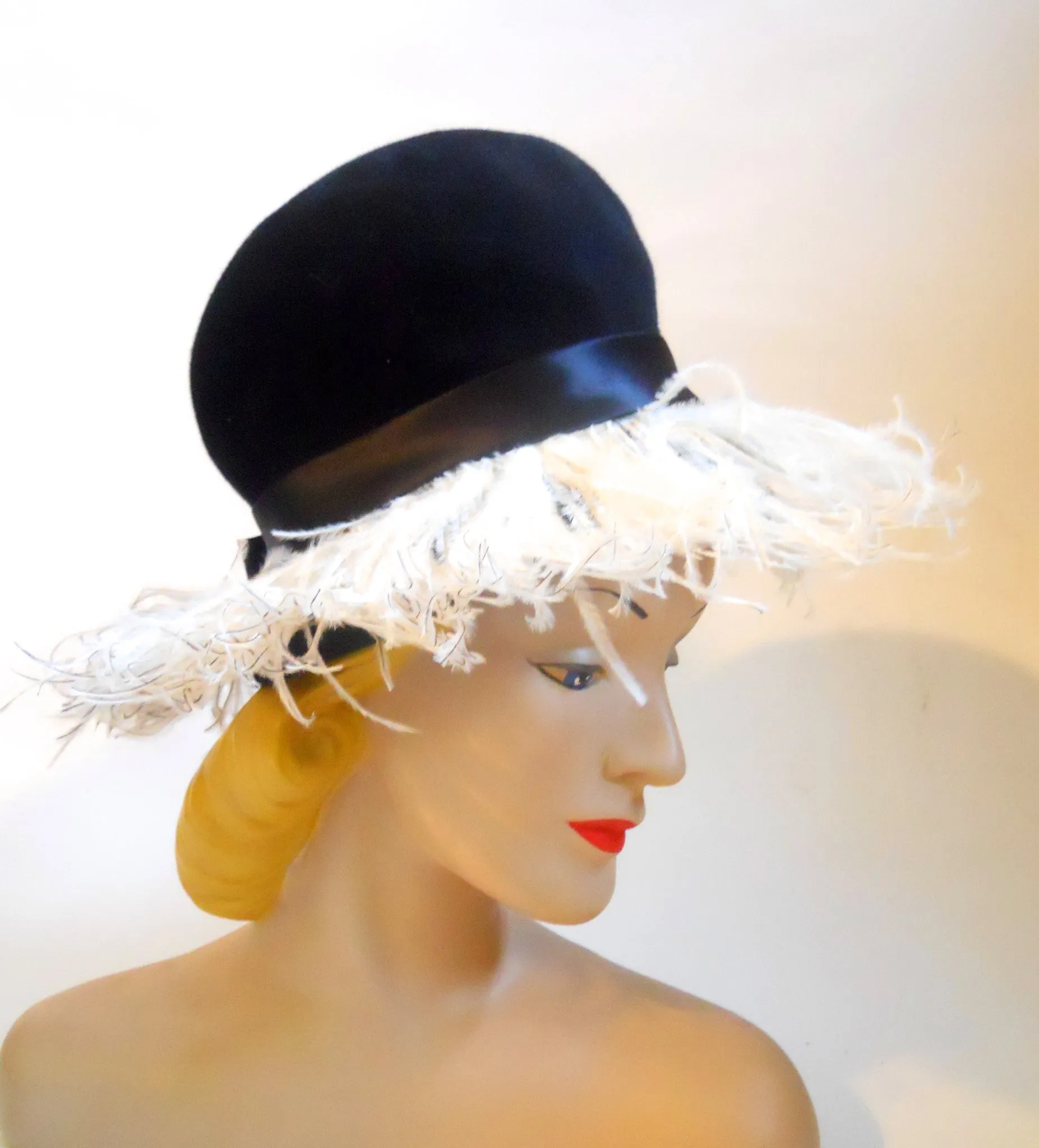 Black Felted Bubble Hat with Marabou Fringe circa 1960s