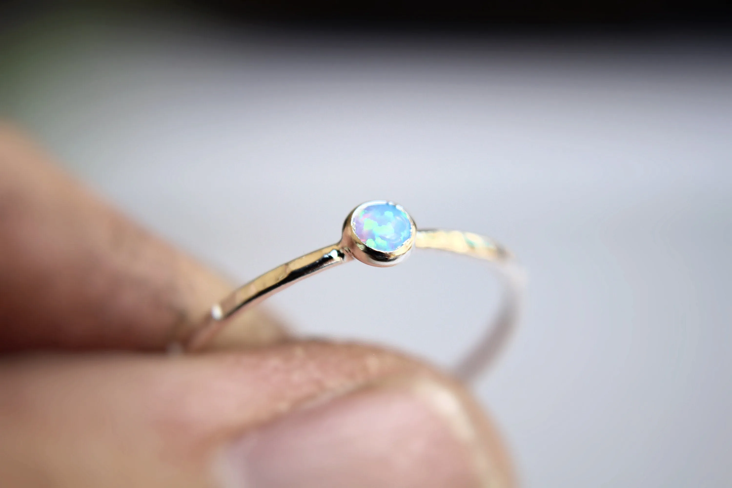 Blue Opal Stacking Ring, Slim Ring, Stacking Opal Ring, Blue Opal, Textured Rings, Whisper Gemstone Rings, Gift, Blue Opal, Gold Opal Ring