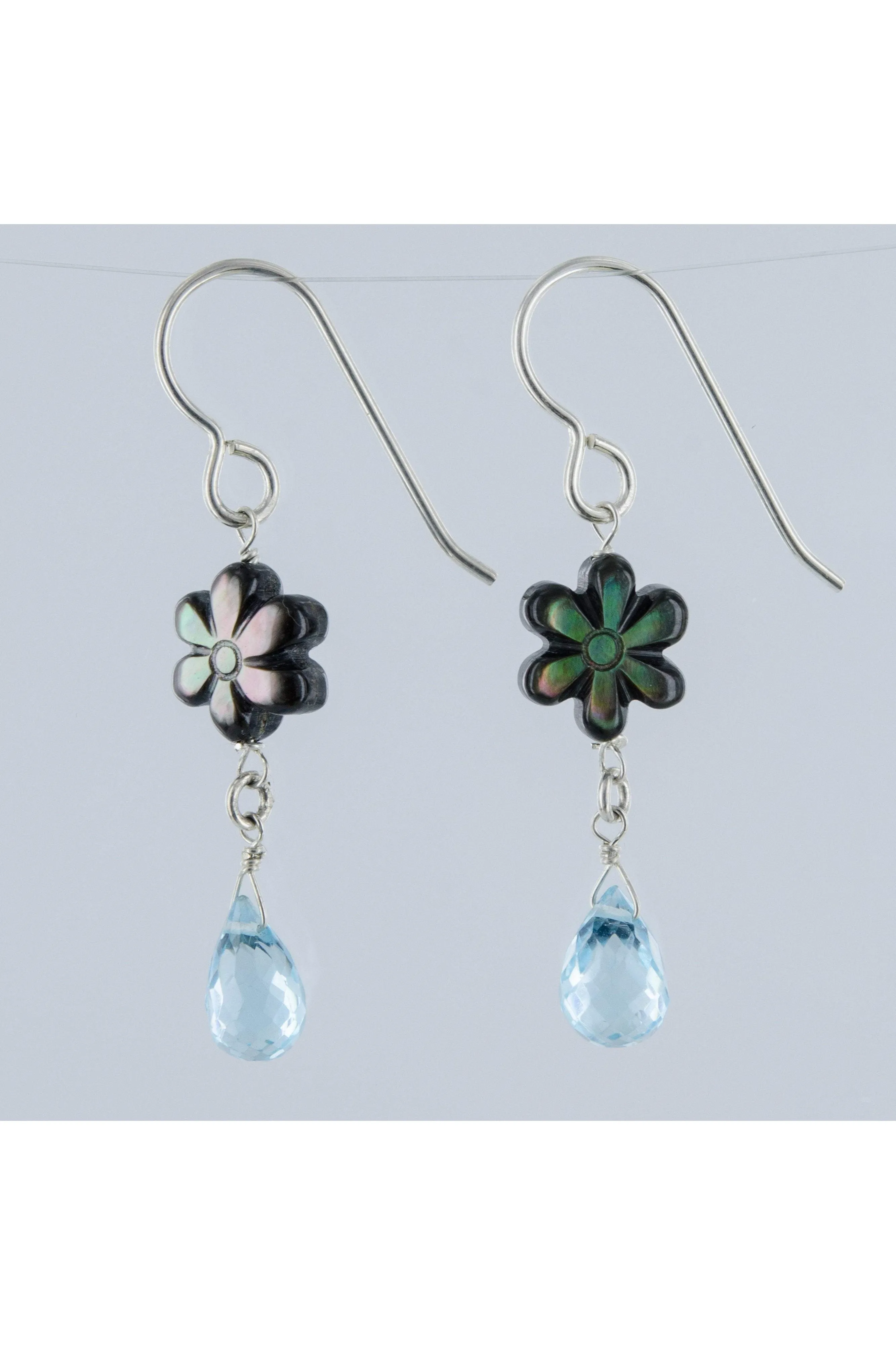 Blue Topaz, Mother of Pearl Siilver Dangle Earrings