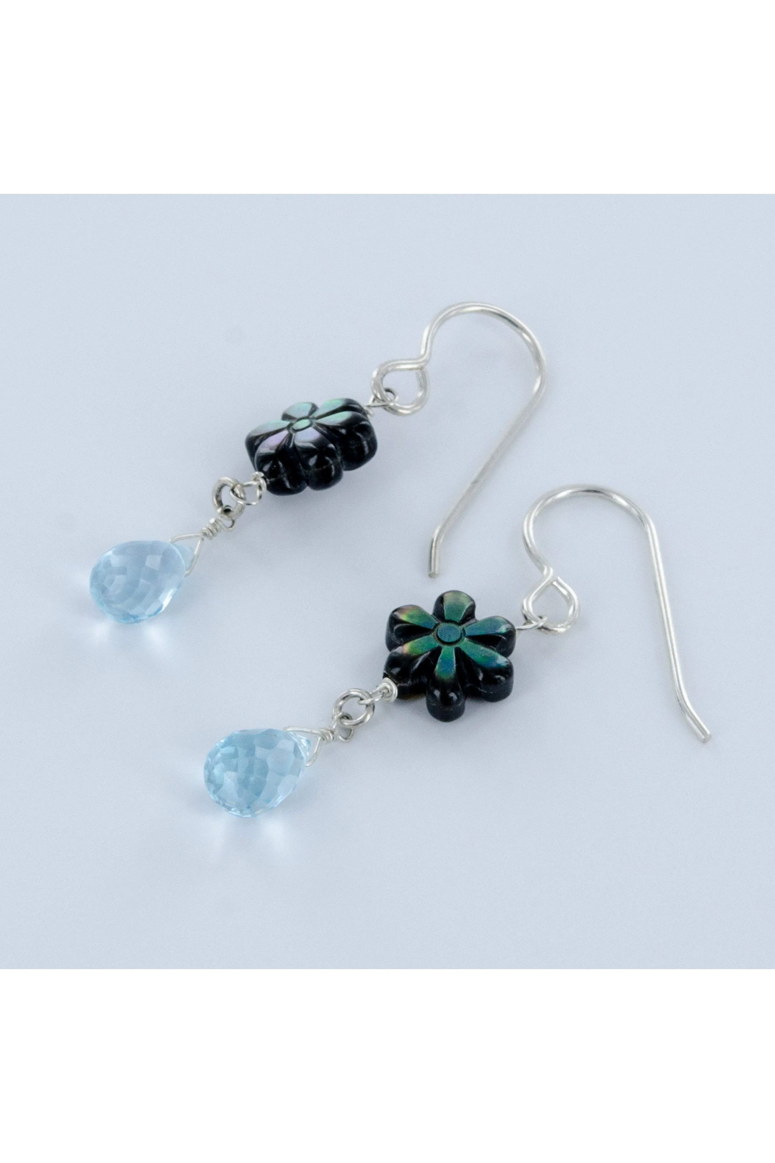 Blue Topaz, Mother of Pearl Siilver Dangle Earrings