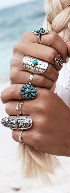 Boho Stacking Rings 9 Pc. Set Silver Turquoise Long Shield Cactus Arrows Gypsy Wanderer