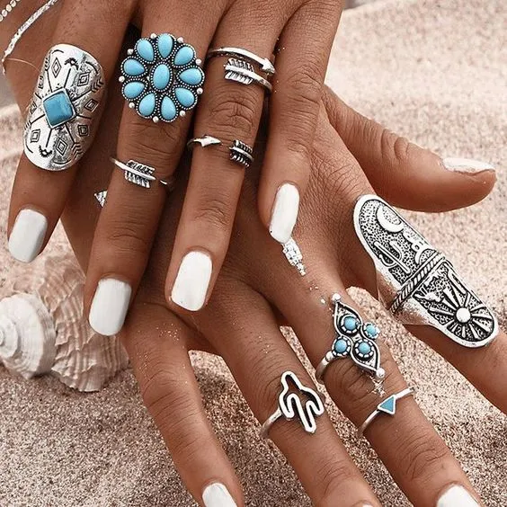 Boho Stacking Rings 9 Pc. Set Silver Turquoise Long Shield Cactus Arrows Gypsy Wanderer