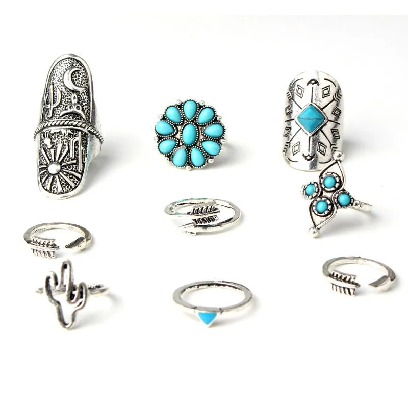 Boho Stacking Rings 9 Pc. Set Silver Turquoise Long Shield Cactus Arrows Gypsy Wanderer