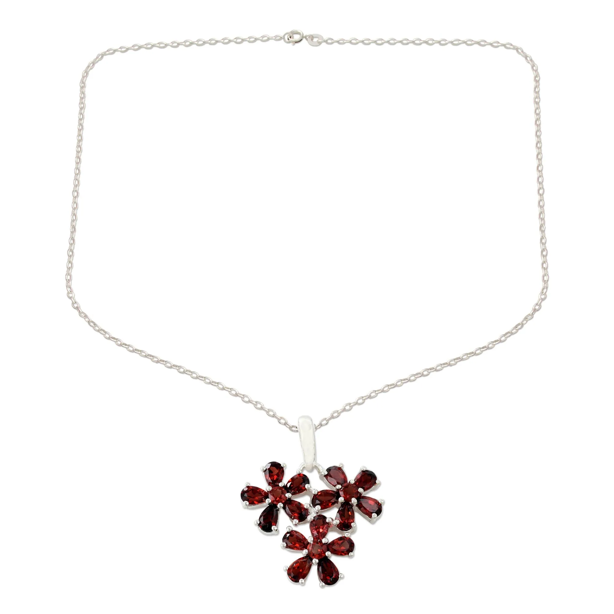 Bouquet of Passion Garnet Flower Pendant Necklace in Rhodium Plated Silver