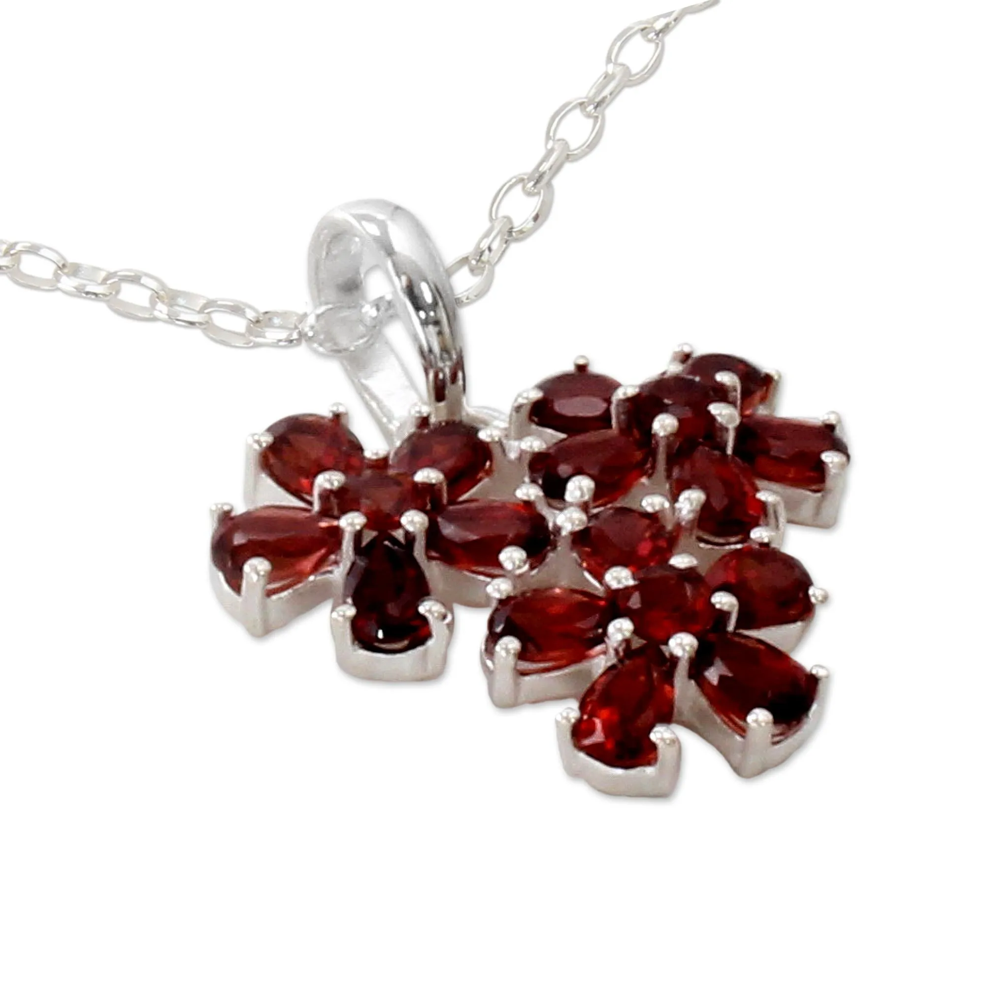 Bouquet of Passion Garnet Flower Pendant Necklace in Rhodium Plated Silver