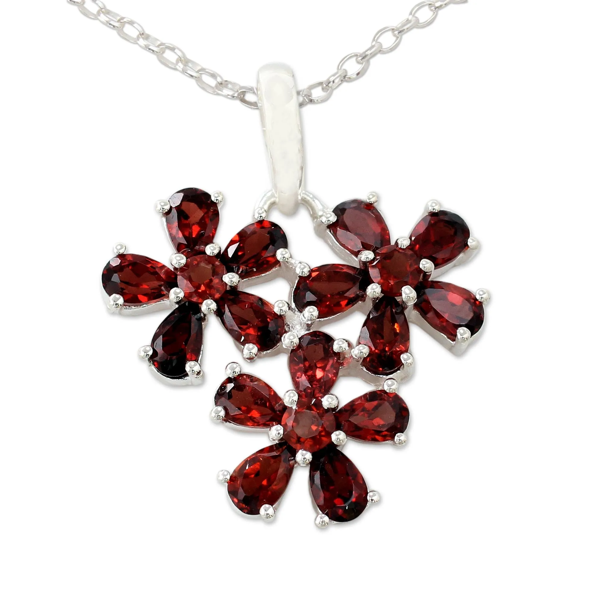 Bouquet of Passion Garnet Flower Pendant Necklace in Rhodium Plated Silver