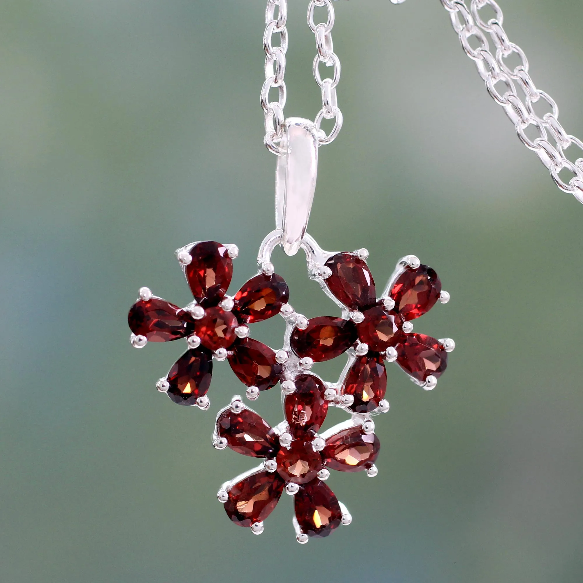 Bouquet of Passion Garnet Flower Pendant Necklace in Rhodium Plated Silver