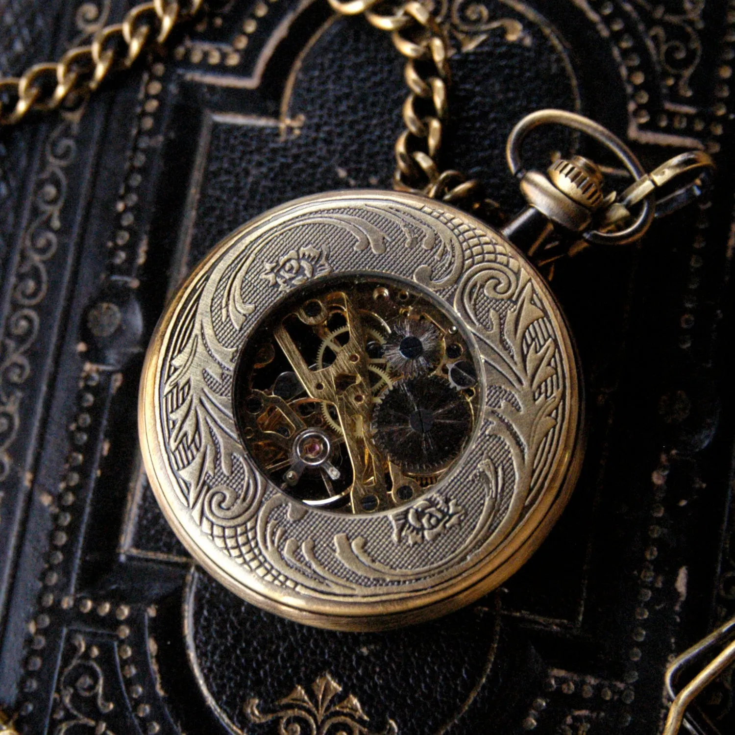 Brass Zodiac Mechanical Pocket Watch on Fob or Necklace