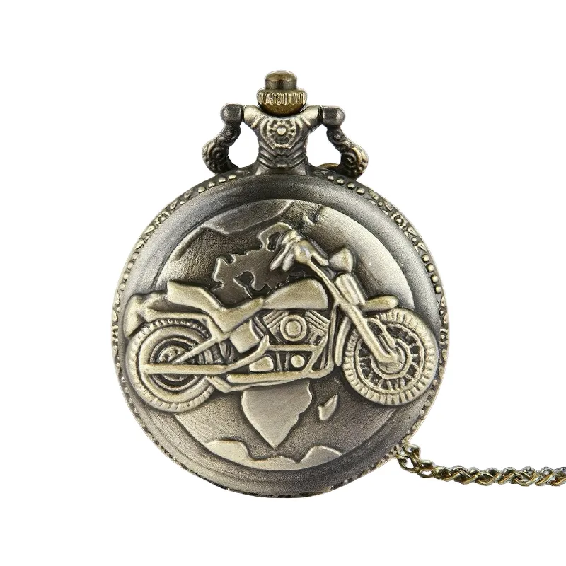 Bronze Pocket Watch with Motorcycle Pattern / Vintage Quartz Watch with Chain