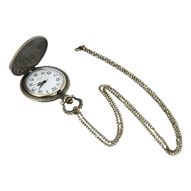 Bronze Pocket Watch with Motorcycle Pattern / Vintage Quartz Watch with Chain