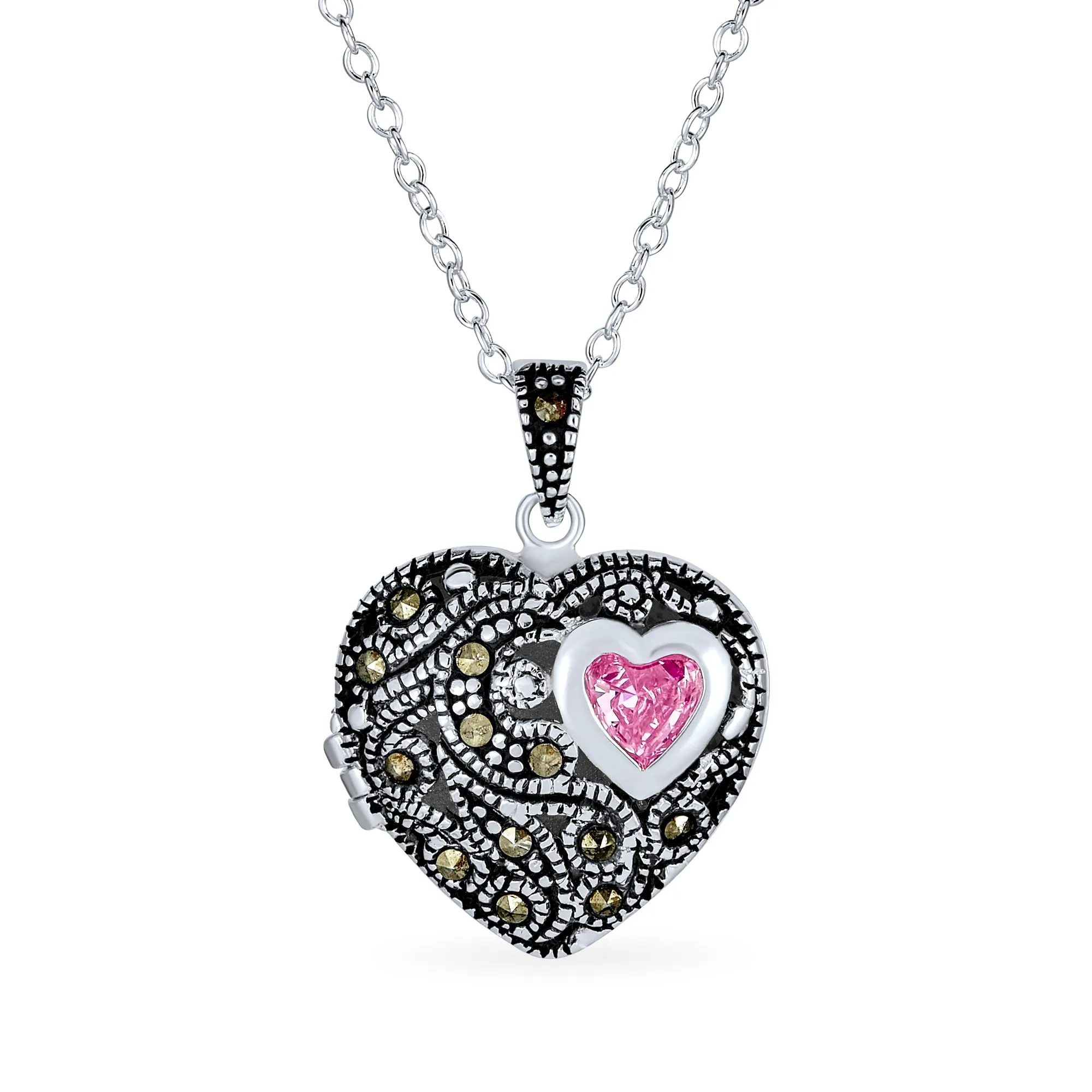 Butterfly Marcasite Pink CZ Heart Locket Necklace Rose Gold Sterling Silver