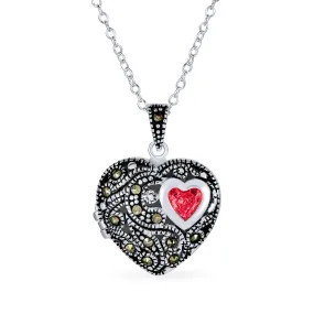 Butterfly Marcasite Pink CZ Heart Locket Necklace Rose Gold Sterling Silver