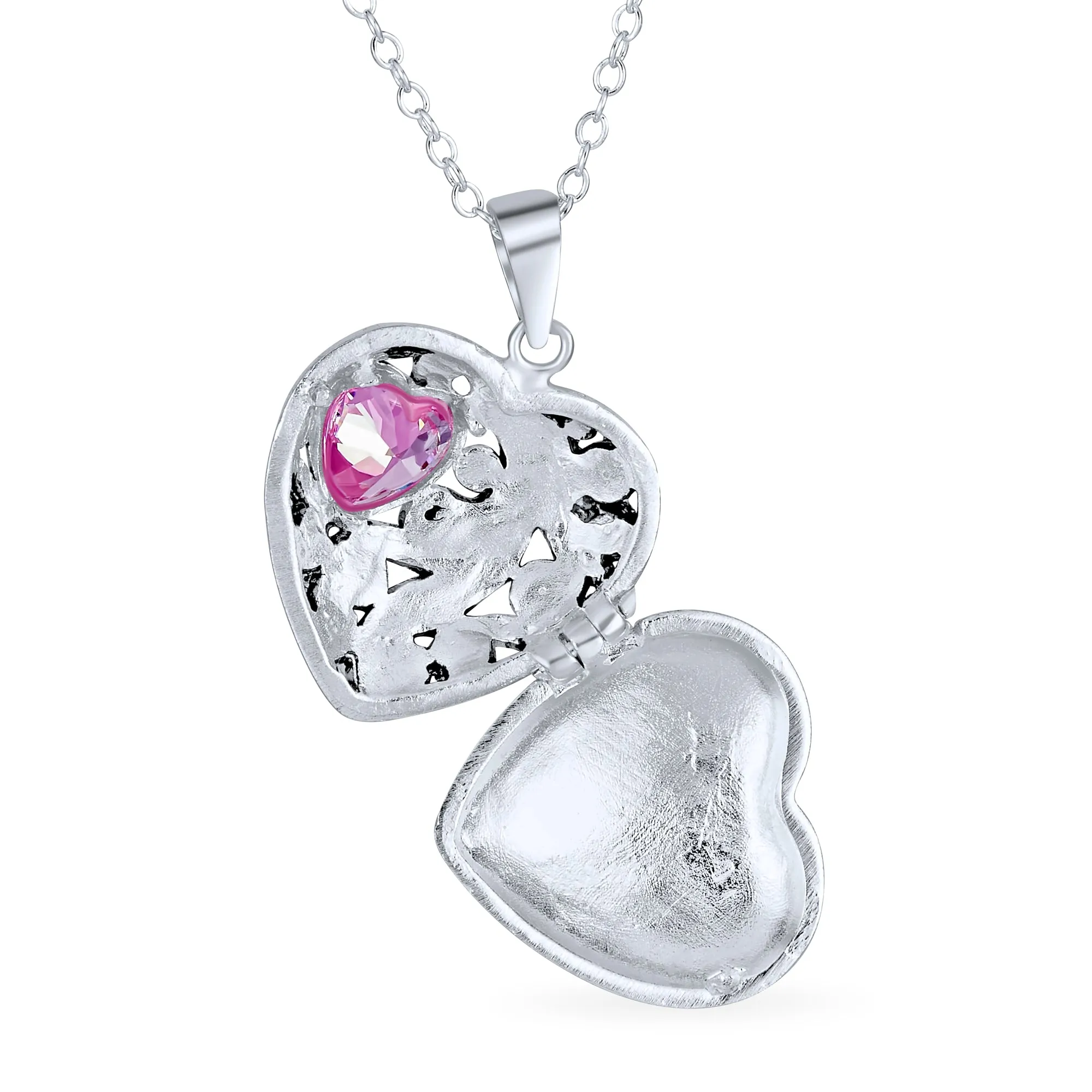 Butterfly Marcasite Pink CZ Heart Locket Necklace Rose Gold Sterling Silver