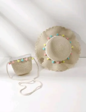 Childrens Straw Pompom Hat & Bag - Beige