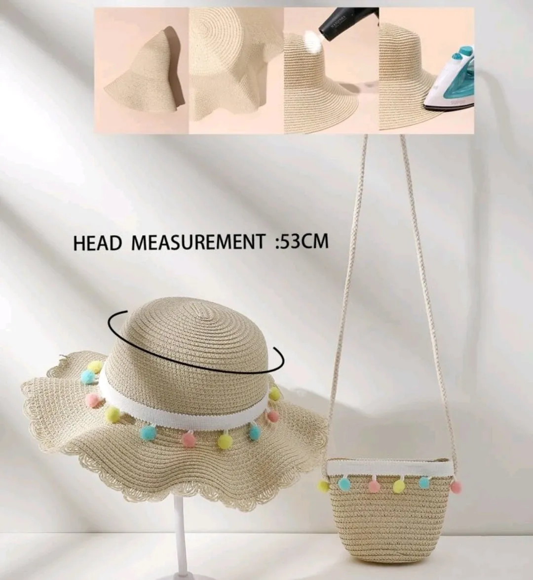 Childrens Straw Pompom Hat & Bag - Beige