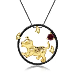 Chinese Style Element Design Zodiac Series Dog Natural Gemstone Pendant Silver Necklace for Women