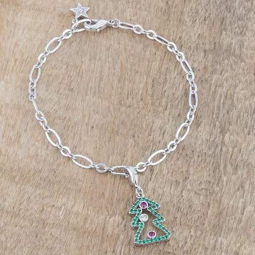 Christmas Tree 0.35ct CZ Rhodium Holiday Charm Bracelet