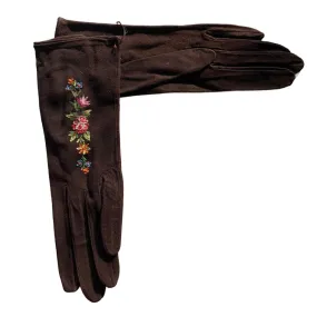 Cocoa Floral Embroidered Leather Gloves circa 1950s