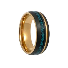 Comfort Fit 8mm Tungsten Carbide Wedding Ring With Turquoise Inlay And Gold Accents