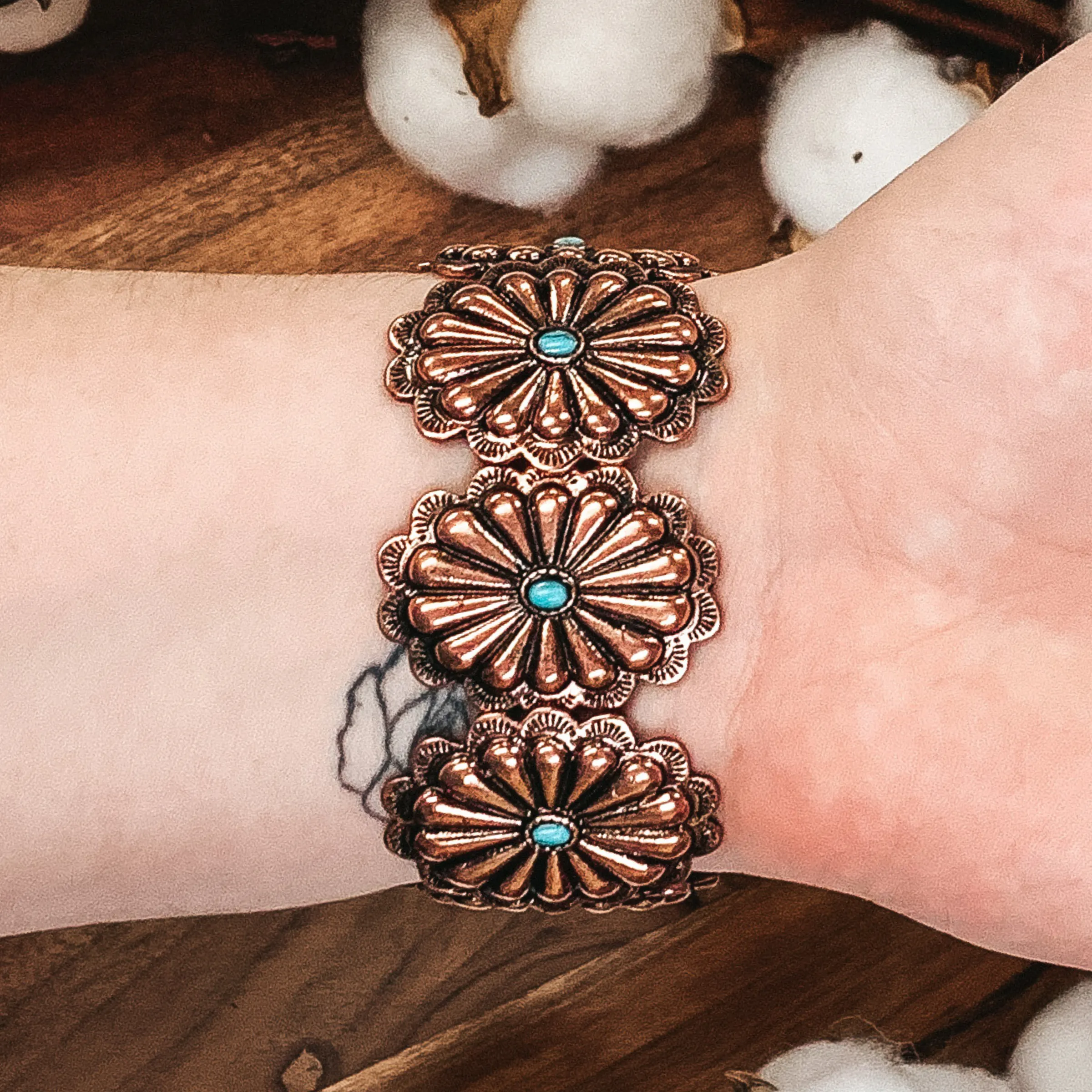 Copper Tone Concho Bracelet with Turquoise Center Stone