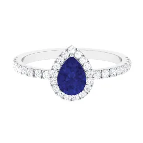 Created Blue Sapphire Teardrop Engagement Ring with Diamond Halo