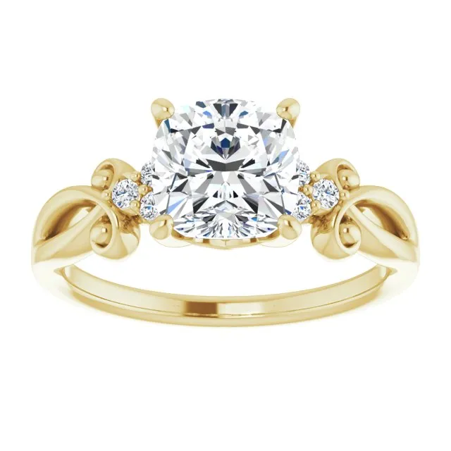 Cubic Zirconia Engagement Ring- The Adele (Customizable 7-stone Cushion Cut Design with Tri-Cluster Accents and Teardrop Fleur-de-lis Motif)