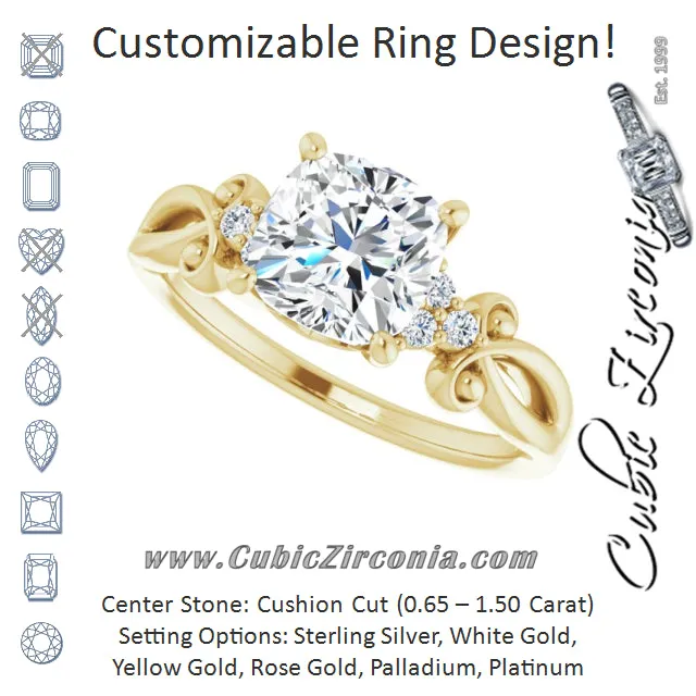 Cubic Zirconia Engagement Ring- The Adele (Customizable 7-stone Cushion Cut Design with Tri-Cluster Accents and Teardrop Fleur-de-lis Motif)