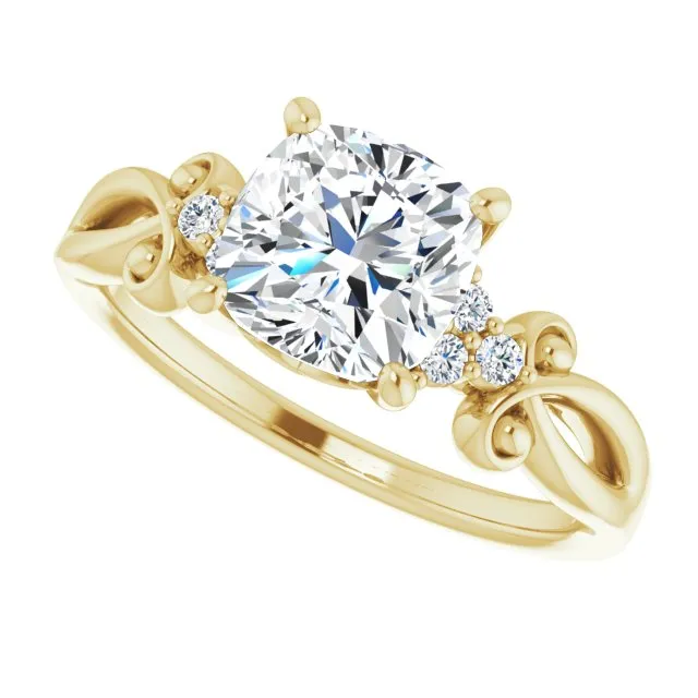 Cubic Zirconia Engagement Ring- The Adele (Customizable 7-stone Cushion Cut Design with Tri-Cluster Accents and Teardrop Fleur-de-lis Motif)