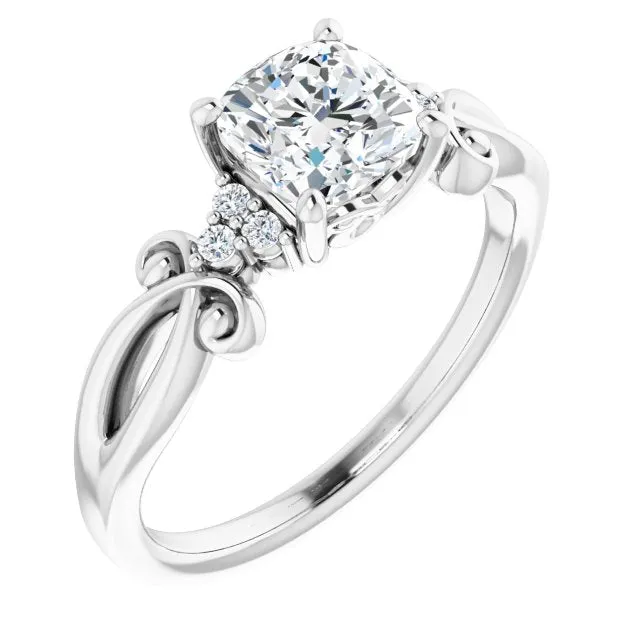 Cubic Zirconia Engagement Ring- The Adele (Customizable 7-stone Cushion Cut Design with Tri-Cluster Accents and Teardrop Fleur-de-lis Motif)