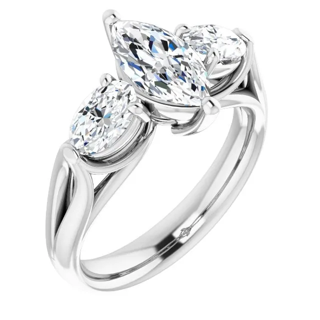 Cubic Zirconia Engagement Ring- The Alondra (Customizable Cathedral-set 3-stone Marquise Cut Style with Dual Oval Cut Accents & Wide Split Band)