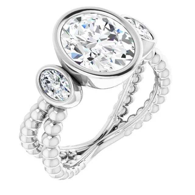 Cubic Zirconia Engagement Ring- The a'Malisa (Customizable 3-stone Oval Cut Design with 2 Oval Cut Side Stones and Wide, Bubble-Bead Split-Band)