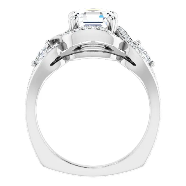 Cubic Zirconia Engagement Ring- The Ana Miranda (Customizable Asscher Cut Center with Twin Trillion Accents, Twisting Shared Prong Split Band, and Halo)