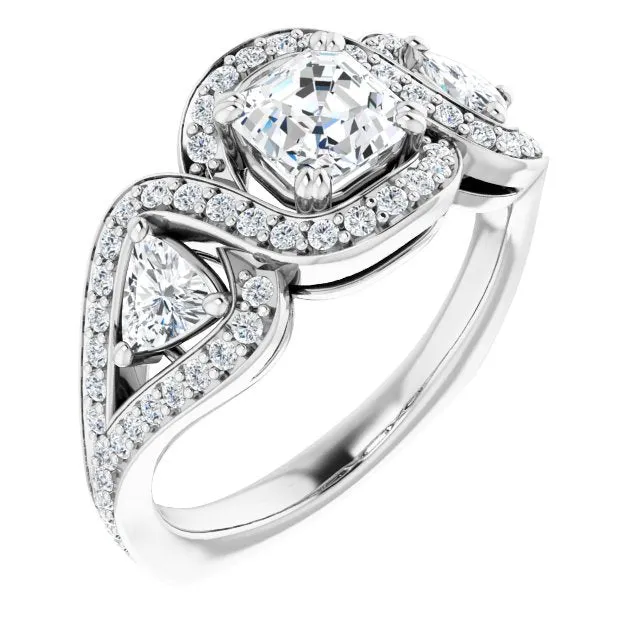 Cubic Zirconia Engagement Ring- The Ana Miranda (Customizable Asscher Cut Center with Twin Trillion Accents, Twisting Shared Prong Split Band, and Halo)