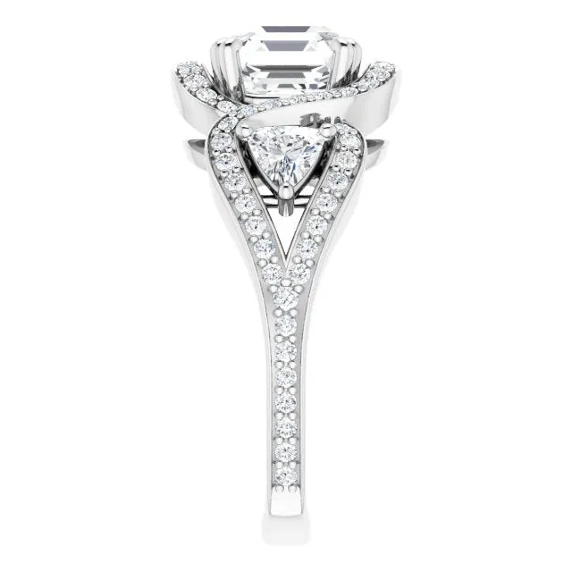 Cubic Zirconia Engagement Ring- The Ana Miranda (Customizable Asscher Cut Center with Twin Trillion Accents, Twisting Shared Prong Split Band, and Halo)