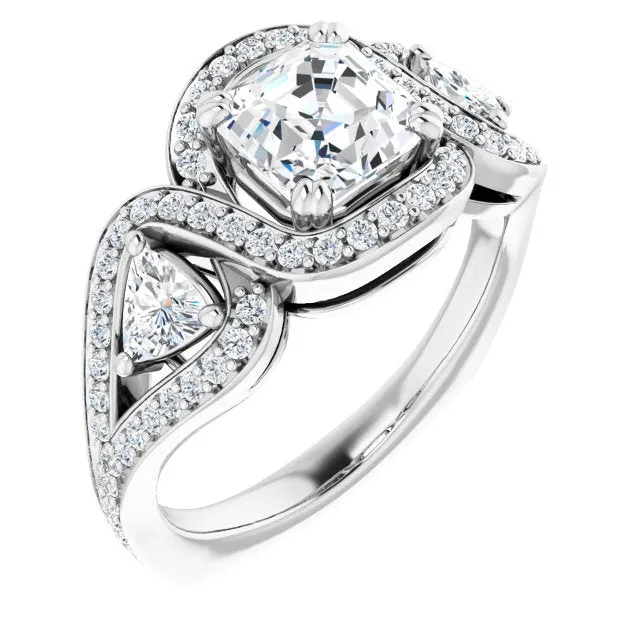 Cubic Zirconia Engagement Ring- The Ana Miranda (Customizable Asscher Cut Center with Twin Trillion Accents, Twisting Shared Prong Split Band, and Halo)