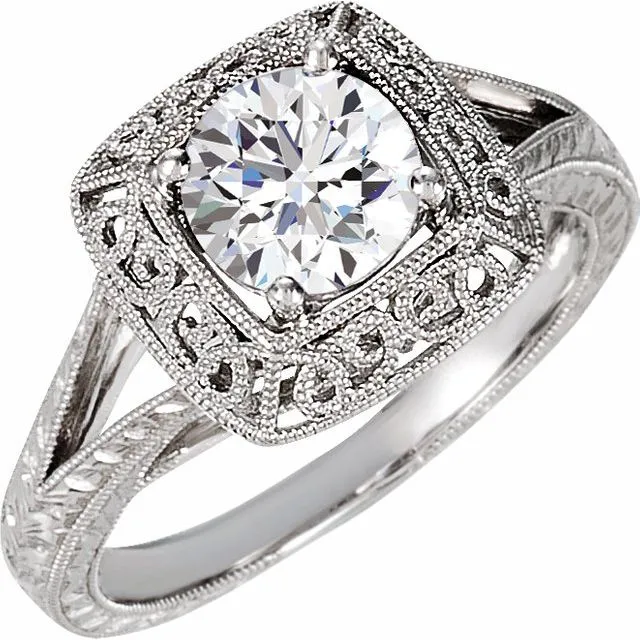 Cubic Zirconia Engagement Ring- The Angel (1 Carat Round Solitaire with Split-Band and Engraved Mega-Mounting)