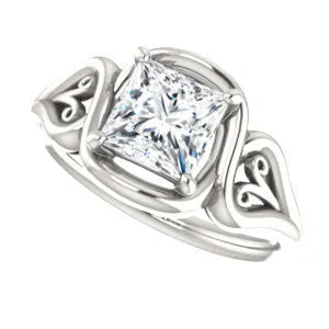 Cubic Zirconia Engagement Ring- The Bentley (Customizable Princess Cut Solitaire with Wide Tapered Band and Side Engraving Motif)