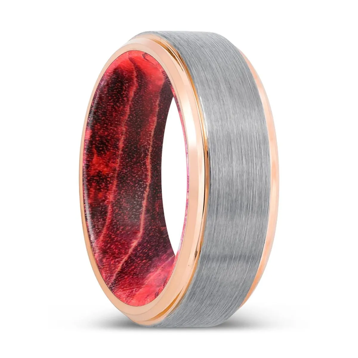 CURATOR | Black & Red Wood, Silver Tungsten Ring, Brushed, Rose Gold Stepped Edge