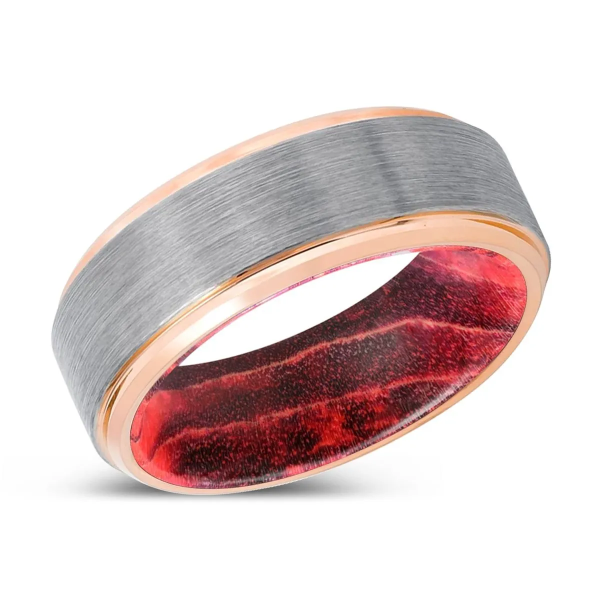 CURATOR | Black & Red Wood, Silver Tungsten Ring, Brushed, Rose Gold Stepped Edge