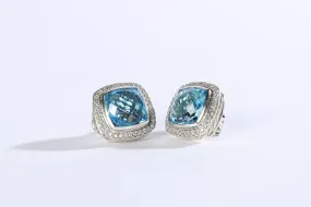 David Yurman "Albion" Clip On Earrings Sterling Silver with Blue Topaz and Diamond, 11mm