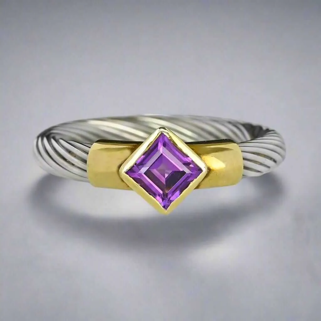 David Yurman Style 14K Gold Silver Wire Amethyst Ring Band