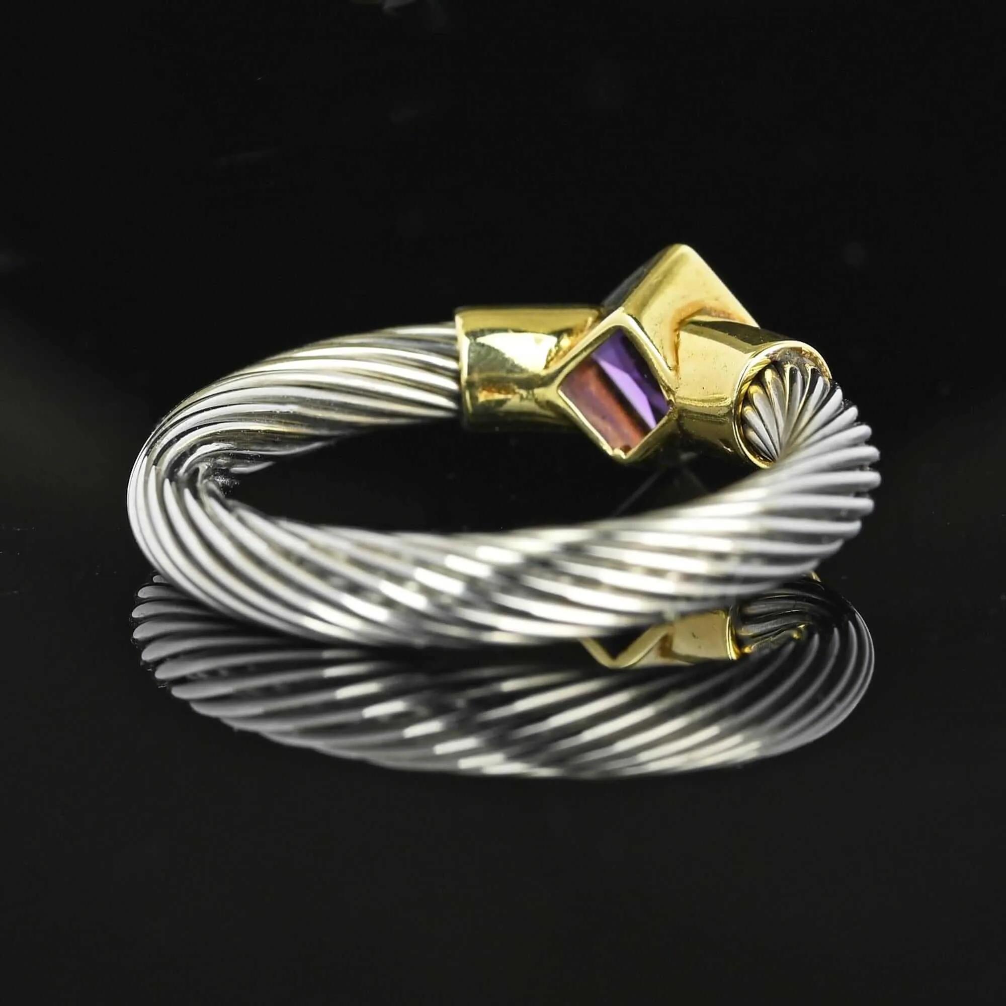 David Yurman Style 14K Gold Silver Wire Amethyst Ring Band